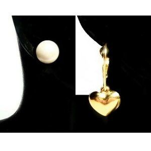 Solid 14k Yellow Gold Two Pairs Earrings Dangle Hearts Pearls Posts